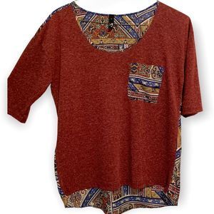 ing Rust Tribal Pattern Short Sleeved High Low Scooped Neck Top M (056)